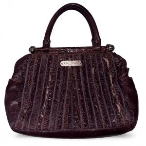 Betsey Johnson Leather Ruffle Structurec Satchel Handbag in Deep Plum